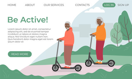 Banner template with senior man and woman riding scooters in the city park. Old woman and old man on electric scootersのイラスト素材