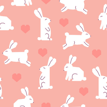 Seamless pattern with Easter rabbits and hearts. Cutout white bunnies on pink background. vector illustrationのイラスト素材