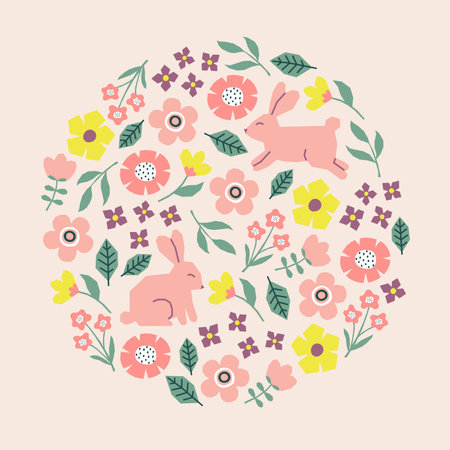 Easter card with rabbits, flowers and leaves pattern. Cutout colorful elements. vector illustrationのイラスト素材