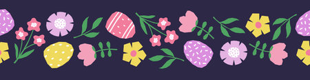 Seamless border with hand drawn Easter eggs, flowers and leaves. Cutout colorful plants and eggs on dark blue background.のイラスト素材