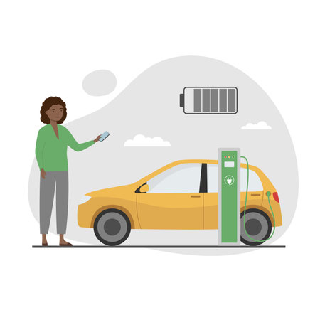 Electric car near charging station. Young woman with smartphone charges her car. Green electricity energy consumption concept. Flat cartoon styleのイラスト素材