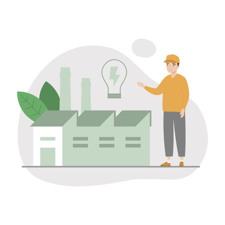 Clean industrial factory with renewable energy. Green energy industrial concept, clean production of electricityのイラスト素材