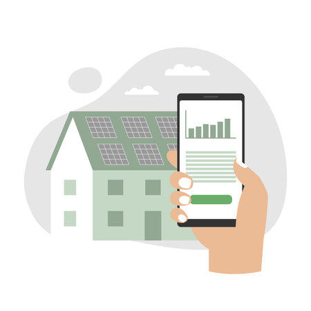 House with solar energy panels. Hand holding smartphone with electricity energy usage. Smart home technology concept.のイラスト素材