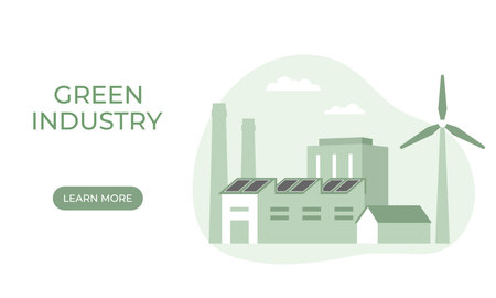 Clean industrial factory with renewable energy. Green energy industrial concept, clean production of electricity. Web banner template. vector illustrationのイラスト素材