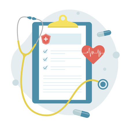 Health insurance, medical insurance. Medicine and healthcare concept. Clipboard with stethoscope, medical check form report. isolated vector illustrationのイラスト素材