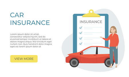 Car insurance landing page. Insurance document, car and woman. flat cartoon style. vector illustrationのイラスト素材