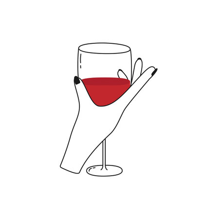 Female hand holding glass of wine. Cocktail, fresh beverage, juice. Hand drawn line art style. isolated vector illustrationのイラスト素材