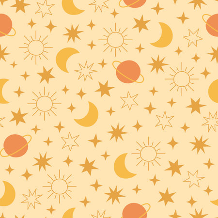 Boho celestial seamless pattern with stars, planet, moon and sun. Pastel colors universe surface designのイラスト素材