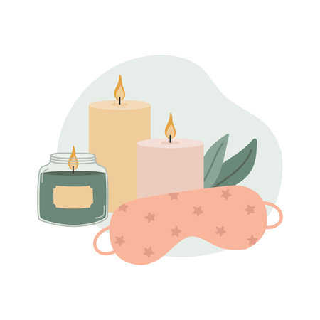 Set of burning candles and sleeping mask. Doodle style. Template for relax and spa designのイラスト素材
