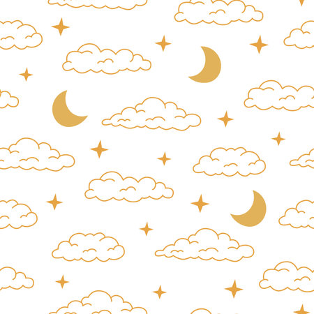 Boho celestial seamless pattern with line art cloud, moon and star. Yellow colors universe surface designのイラスト素材
