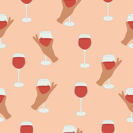 Seamless pattern with female hand holding glass of wine. Cocktail, fresh beverage, juice background. Hand drawn cartoon styleのイラスト素材