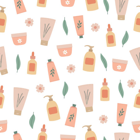 Natural organic cosmetic products seamless pattern. Pastel color products, leaves and flowers on white backgroundのイラスト素材