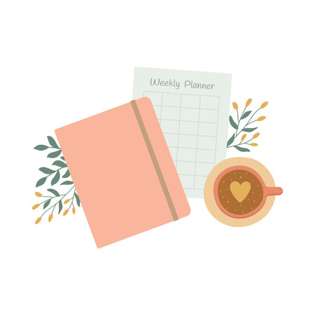 Notebook, weekly planner and cup of coffee. personal timetable. Morning routine concept. isolated vector illustrationのイラスト素材