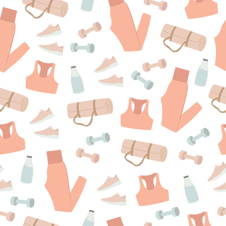 Fitness equipment seamless pattern. Sneakers, top and leggins, dumbbells and mat. Pastel colored elements on white background. vector illustrationのイラスト素材