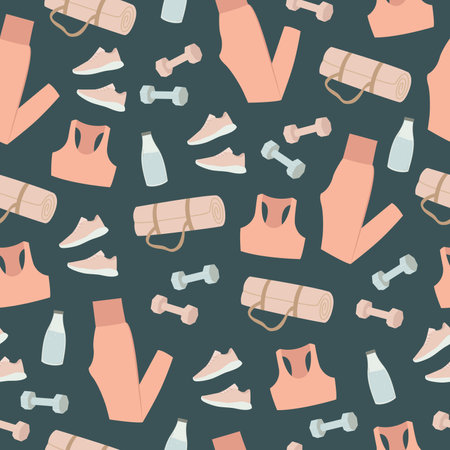 Fitness equipment seamless pattern. Sneakers, top and leggins, dumbbells and mat. Pastel colored elements on blue background. vector illustrationのイラスト素材