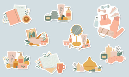 Self care elements sticker set. Cosmetic products and tools, sports equipment, books and diary. isolated vector illustrationのイラスト素材