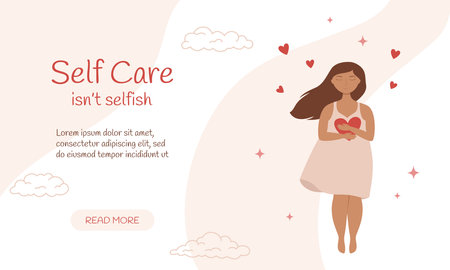 self care banner. Young woman with closed eyes hugs herself and hearts. Mental health, zen, harmony concepts. Body positive, self care, love yourself. vector illustrationのイラスト素材