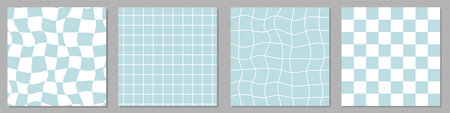 Set of abstract groovy hippie seamless patterns in blue colors. Distorted and twisted checkerboard,...