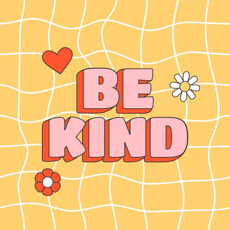 Groovy hippie sqaure poster. Be Kind text, heart and flowers with distorted checkerboard backgroundのイラスト素材