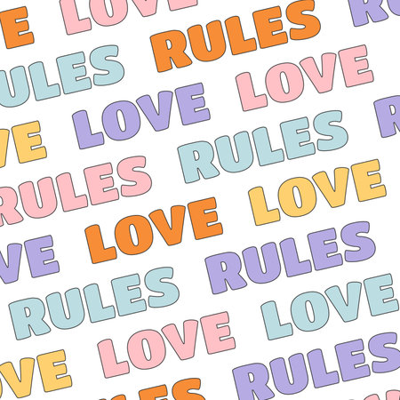 Abstract groovy hippie square poster. Outline colorful text Love Rules on white background. vector illustrationのイラスト素材