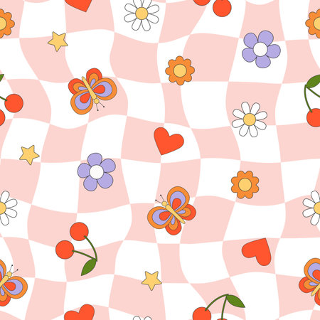 Abstract groovy hippie seamless patterns. Colorful outline elements on distorted checkerboard in trendy retro style.のイラスト素材
