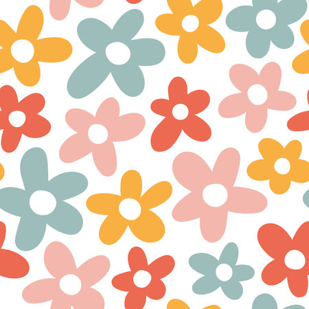 Floral seamless pattern. Hand drawn colorful flowers on white background in trendy doodle style. vector illustrationのイラスト素材