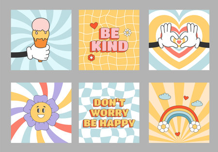 Set of groovy hippie sqaure posters. Rainbow, smiling flower, ice cream in trendy retro style. vector illustrationのイラスト素材