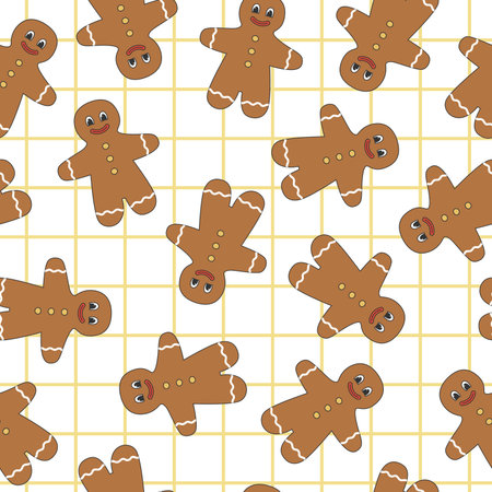 Seamless pattern of gingerbread man. Winter homemade sweets on white and yellow mesh background....
