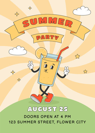Summer party poster template. Cute cartoon lemonade character in y2k groovy style. vector illustrationのイラスト素材