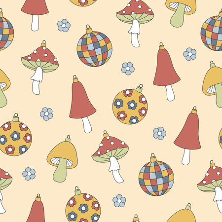 Groovy Christmas seamless pattern. Ball, disco ball, mushroom in trendy retro cartoon style. Background for winter festive design. vector illustrationのイラスト素材