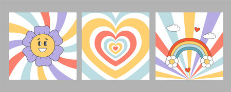 Set of groovy hippie sqaure posters. Rainbow, smiling flower in trendy retro styleのイラスト素材
