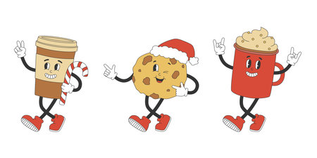 Set of cute cookie and coffee characters in y2k groovy style. Cartoon characters in trendy retro style for Christmas designのイラスト素材