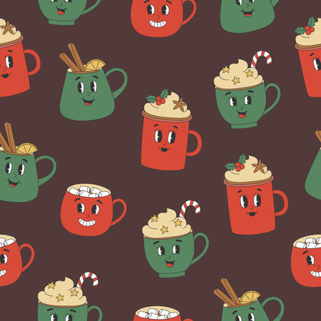 Seamless pattern of cute hot drinks characters in y2k groovy style. Red and green cups on brown background for Christmas designのイラスト素材