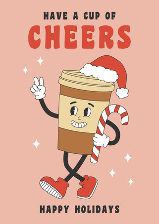 Greeting card with coffee cup in groovy retro style. Template for Merry Christmas and Happy New year greeting card, poster, party invitation. vector illustrationのイラスト素材