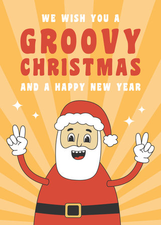 Christmas greeting card with santa in groovy retro style. Template for Merry Christmas and Happy New year greeting card, poster, party invitationのイラスト素材