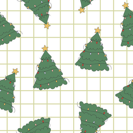 Christmas groovy seamless pattern with Christmas tree on checkerboard background. Retro background for wrapping paper, invitation, greeting card, textile. vector illustrationのイラスト素材