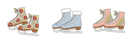 Set of ice skates in retro groovy style. Figure skates collection for Christmas winter designのイラスト素材