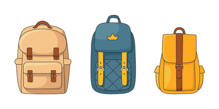 Set of Cartoon backpacks, travel bags. Front view colorful school bagsのイラスト素材