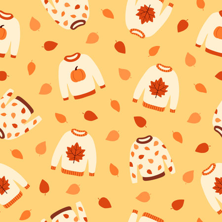 Seamless pattern with cute autumn sweaters and leaves. Pullovers with leaves and pumpkins on yellow background. Cartoon flat styleのイラスト素材