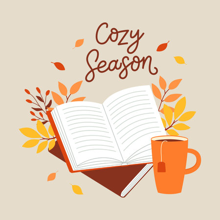 Card template with colorful books, cup and autumn leaves. Book reading concept. Template for greeting card, poster, banner, flyer. Vector illustrationのイラスト素材