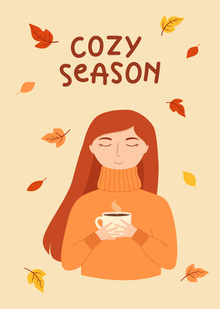 Poster with girl in warm knitted sweater holding cup of tea or coffee, autumn leaves. Template for card, poster, flyer, banner. Vector illustrationのイラスト素材