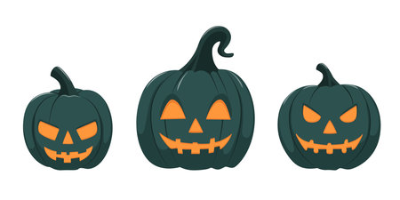 Set of blue Halloween smiling pumpkin. Template for autumn decorative design. Cartoon flat style. Isolated vector illustrationのイラスト素材