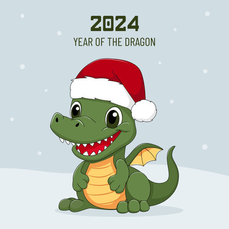 New year greeting card with cute green dragon in red hat. Template for Christmas invitation, greeting card, poster, banner, flyer. Vector illustrationのイラスト素材