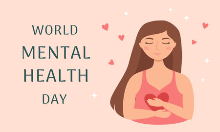 World Mental Health Day banner template. Young woman with closed eyes hugs herselfのイラスト素材