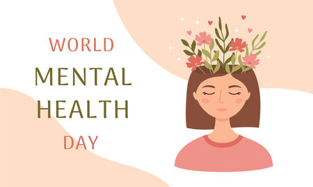 World Mental Health Day banner template. Young woman portrait with flowers in her headのイラスト素材