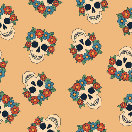 Skull with flowers seamless pattern. Day of the Dead Skull, Dia de los Muertos. Halloween elements on beige backgroundのイラスト素材
