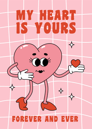 Valentine Day greeting card with groovy pink heart character. Love concept. Template for poster, banner, invitation, greeting card. Vector illustrationのイラスト素材