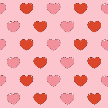 Seamless pattern of red and pink hearts. Cartoon elements in trendy retro style on pink background....