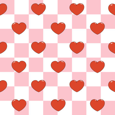 Seamless pattern of red hearts. Cartoon elements in trendy retro style on pink checkerboard...