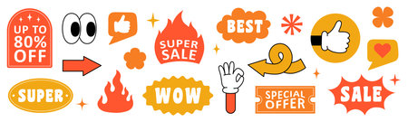 Set of retro patches, labels, tags, stickers for shopping. Abstract geometric shapes with text, arrows, hands, starsのイラスト素材